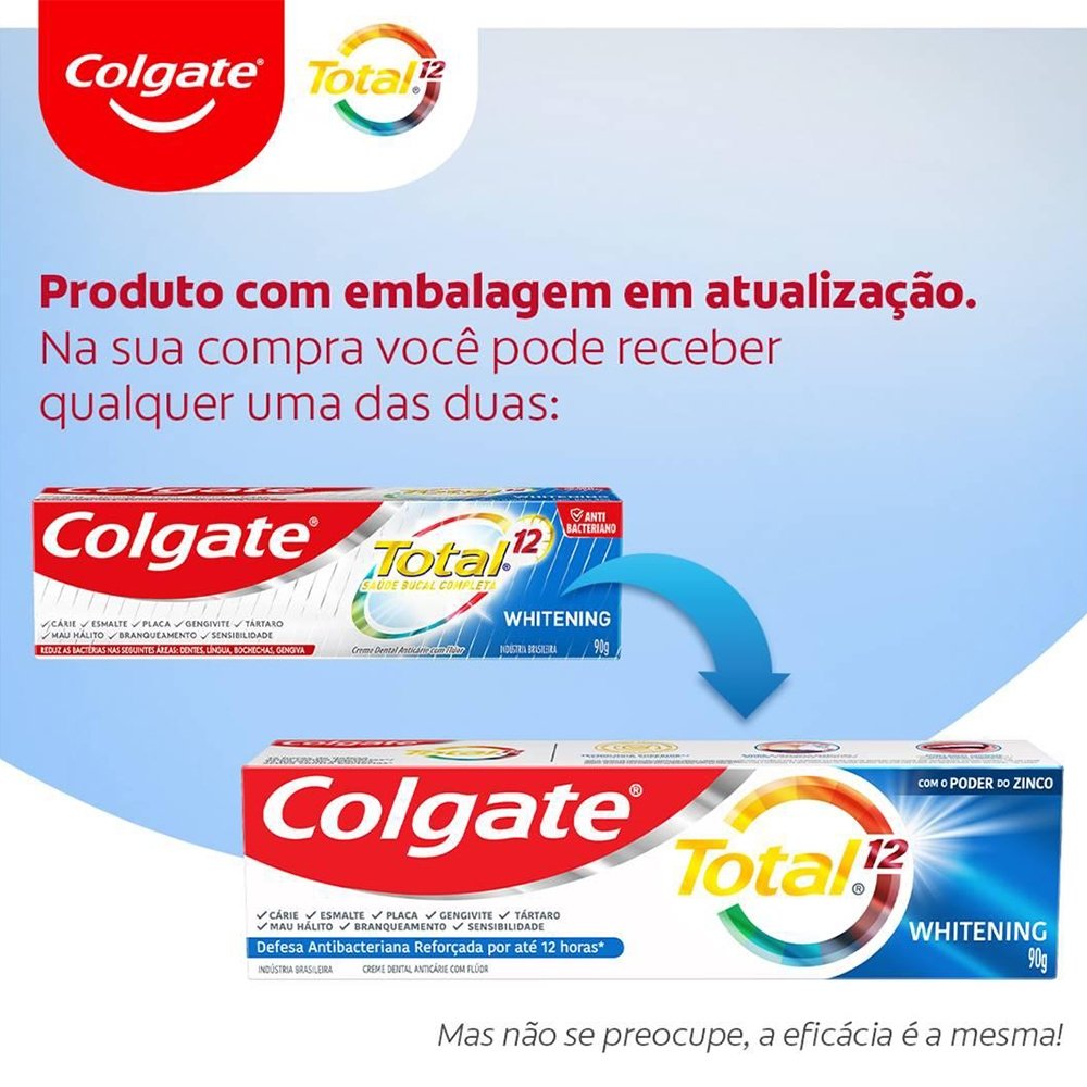 Creme Dental Colgate Total Whitening, Anticárie com Flúor Ajuda a Remover Manchas 90g