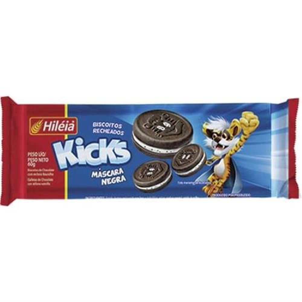 Biscoito Recheado Kicks Hiléia Máscara Negra 60gr - Caixa Contém 30 unidades.