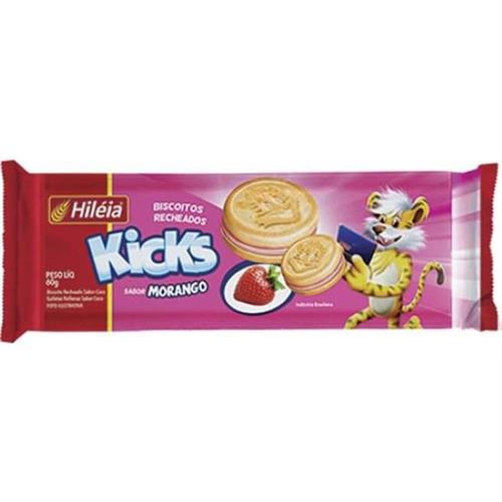 Biscoito Recheado Kicks Hiléia Morango 60gr - Caixa Contém 30 unidades.