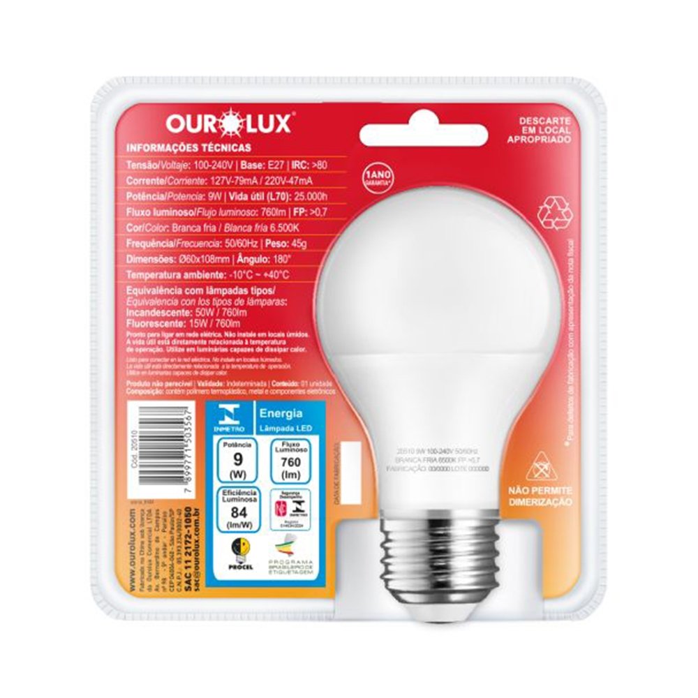 Lâmpada Inteligente Ourolux Controled Sensor de Presença 9W 6,5K