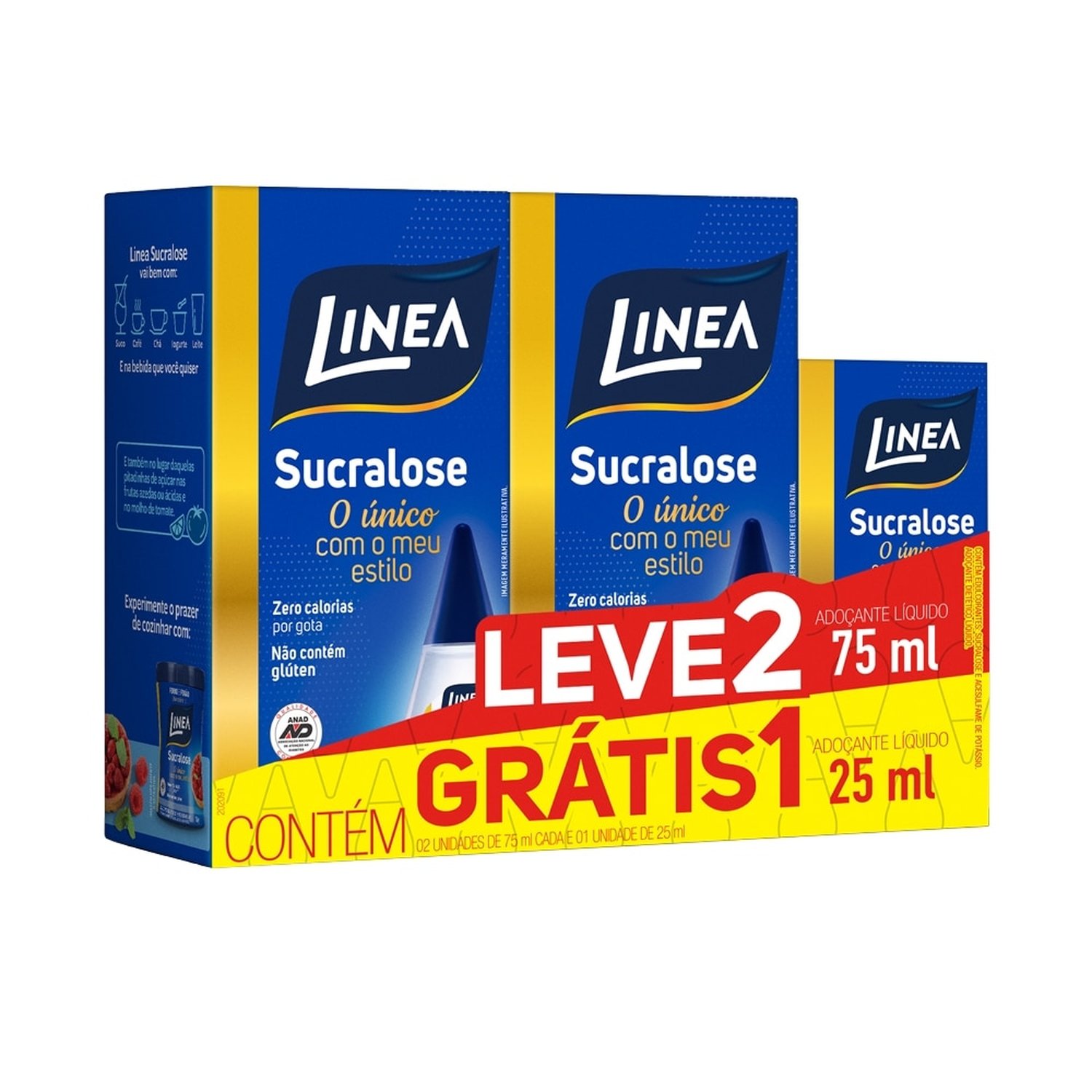 Adoçante Linea Sucralose Líquido 2x75ml + 1x25ml Grátis - Embalagem com 3 Unidades