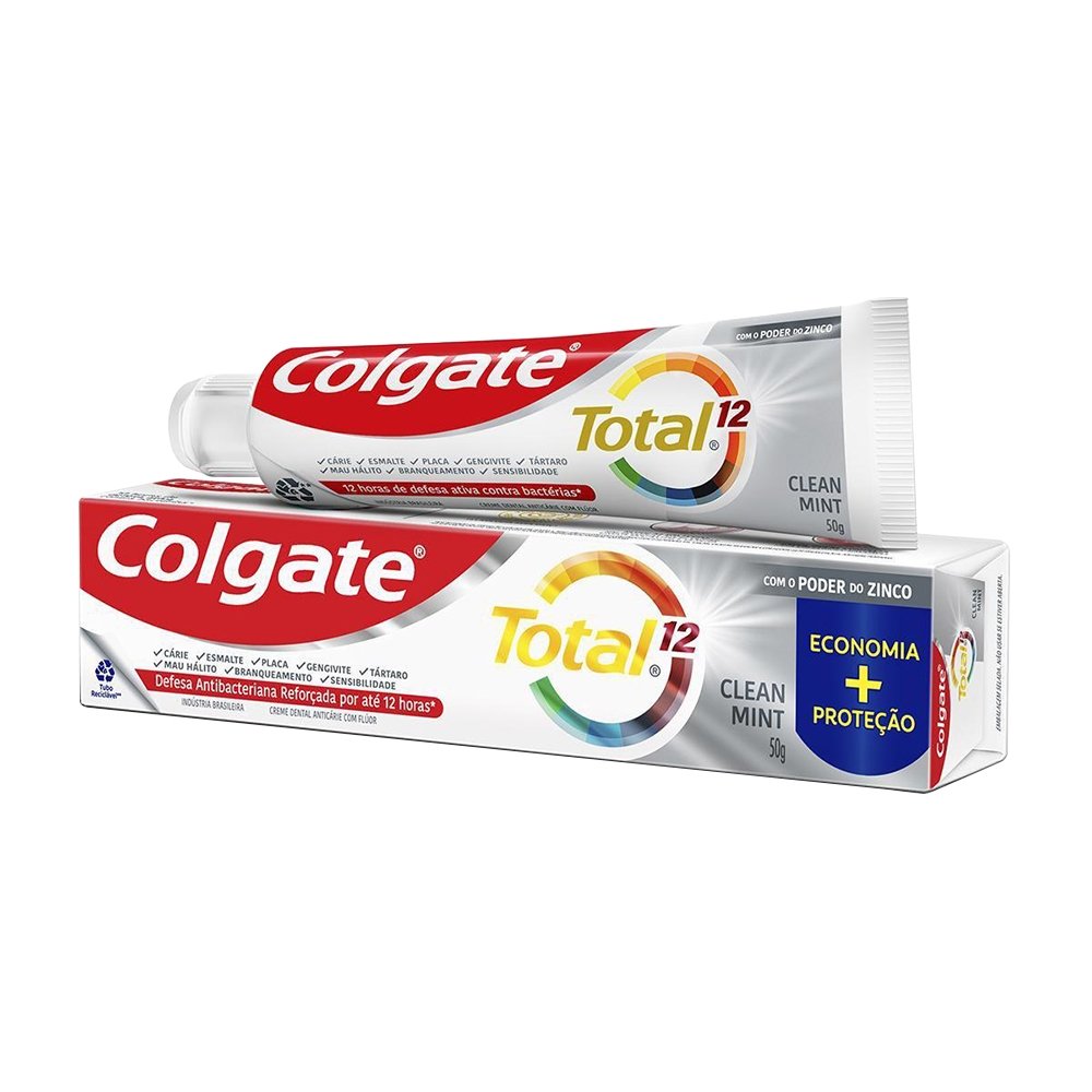 Creme Dental Colgate Total Clean Mint 24 horas, Anticárie com Flúor 50g - Embalagem com 12 Unidades