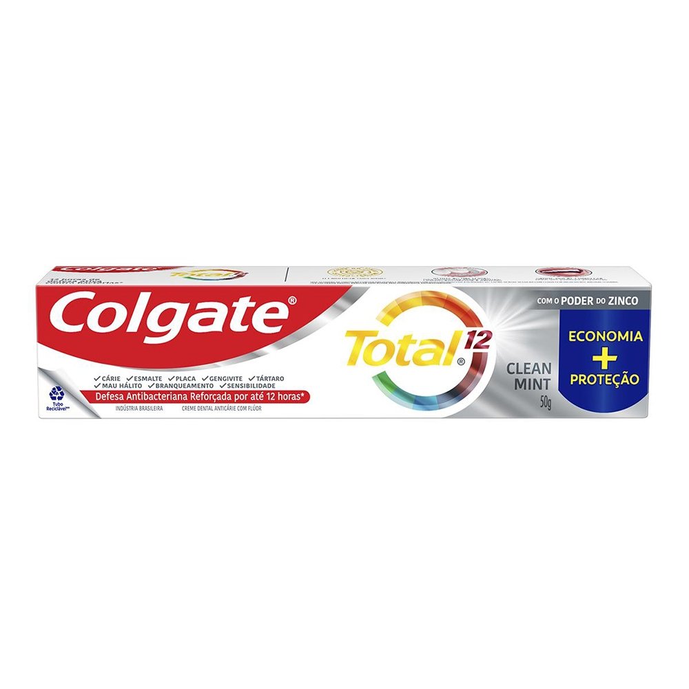Creme Dental Colgate Total Clean Mint 24 horas, Anticárie com Flúor 50g - Embalagem com 12 Unidades