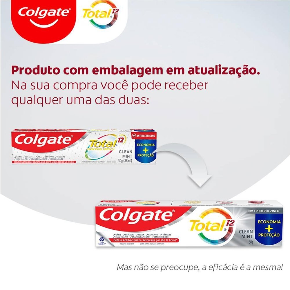 Creme Dental Colgate Total Clean Mint 24 horas, Anticárie com Flúor 50g - Embalagem com 12 Unidades