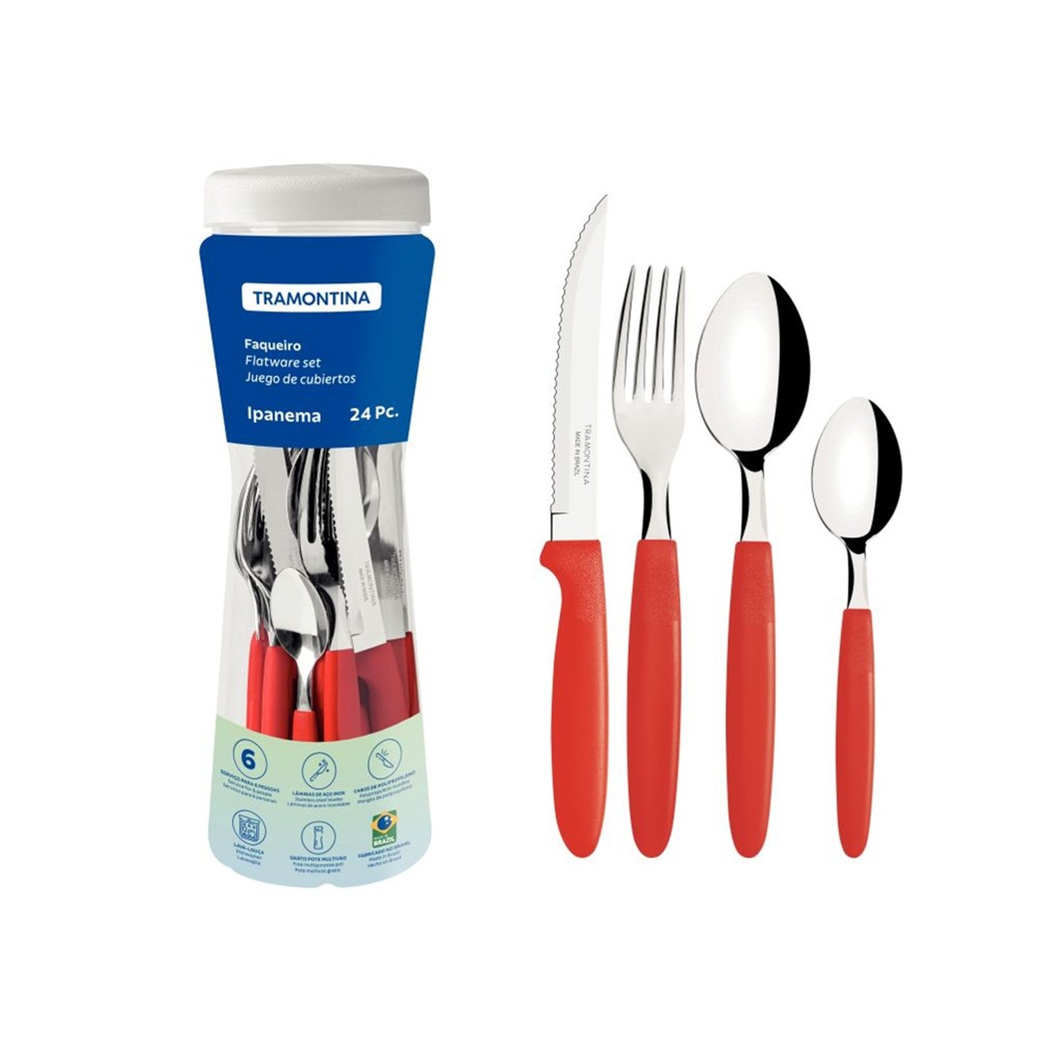 Faqueiro Com 24 Peças Vermelho Com Lâminas Em Aço Inox E Cabos De Polipropileno Com Pote Plástico Ipanema Tramontina