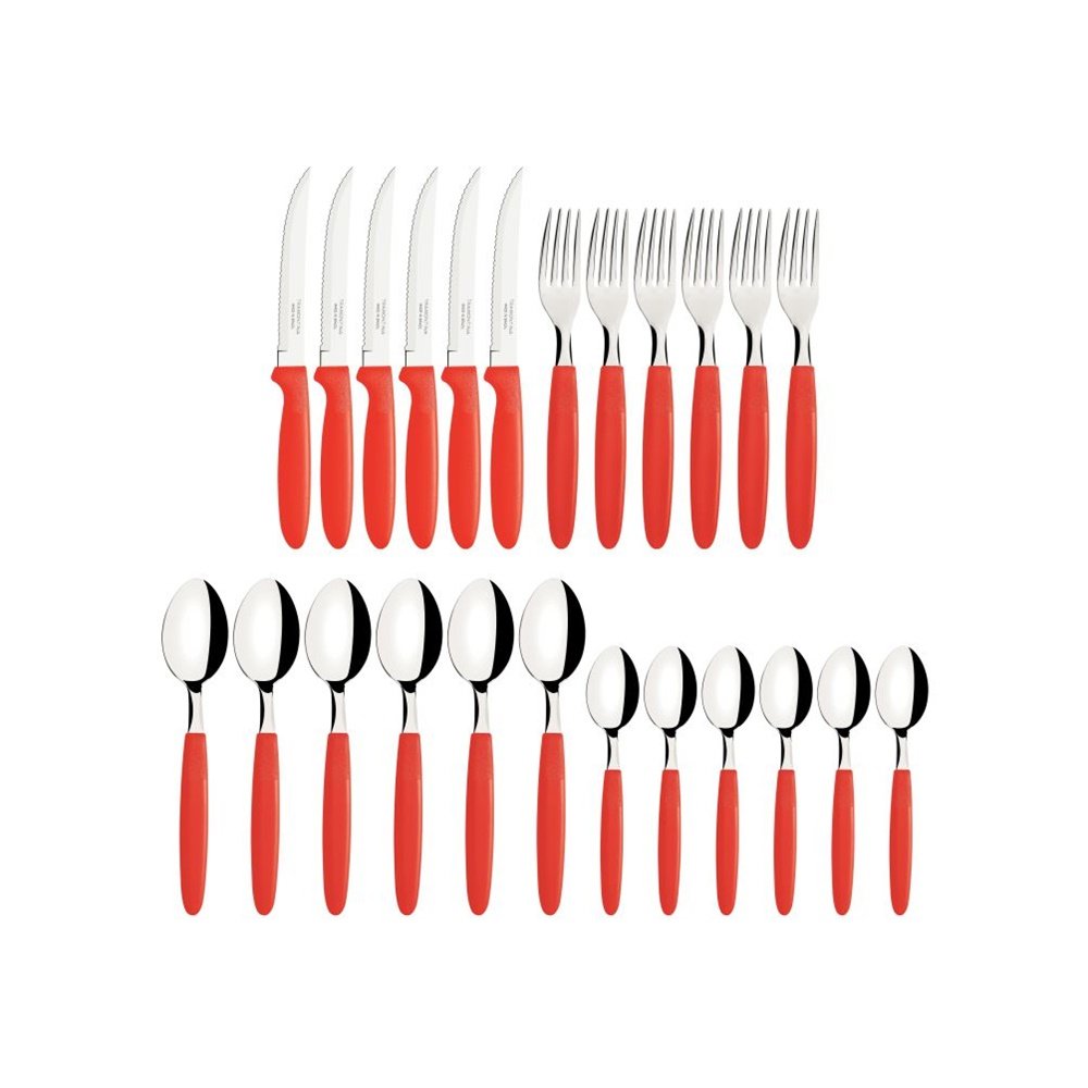 Faqueiro com 24 peças Vermelho com Lâminas em Aço Inox e Cabos de Polipropileno com Pote Plástico Ipanema Tramontina