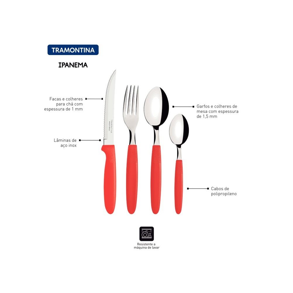 Faqueiro com 24 peças Vermelho com Lâminas em Aço Inox e Cabos de Polipropileno com Pote Plástico Ipanema Tramontina