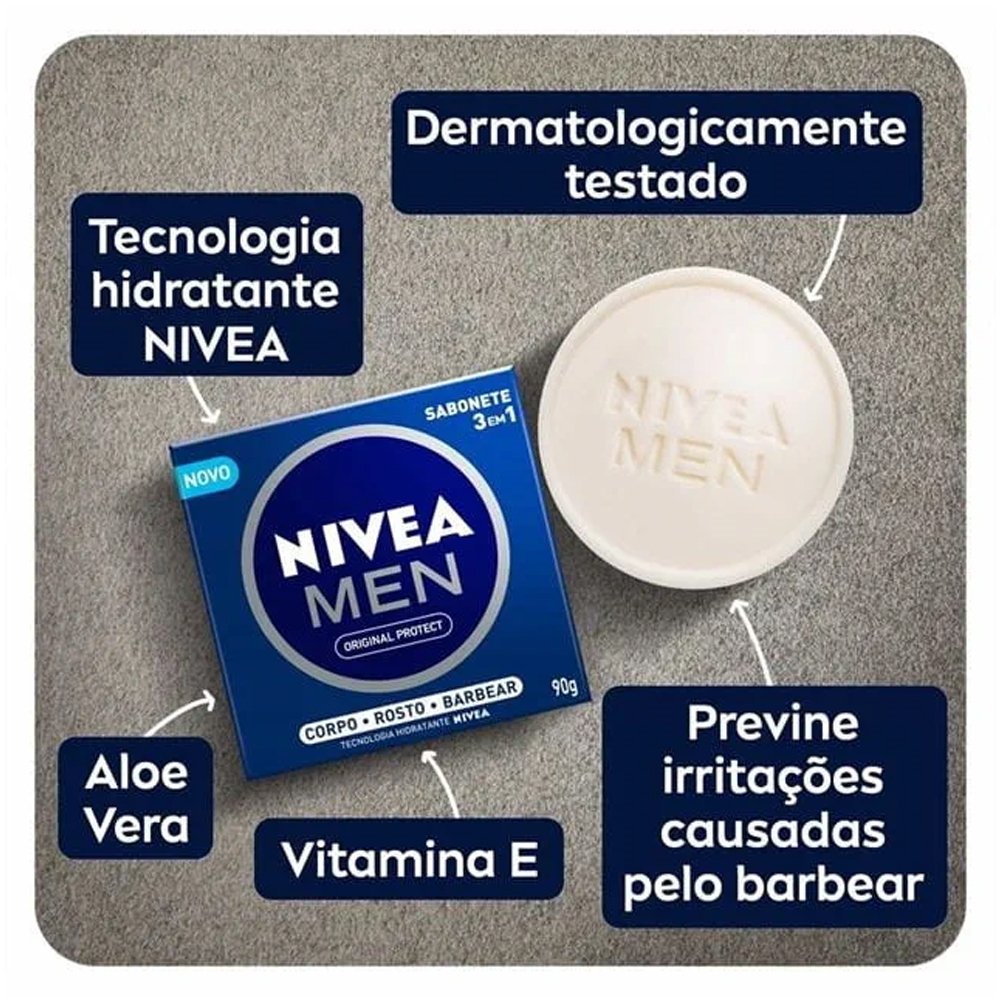 Sabonete Nivea Men Original Protect 3 em 1 90g Embalagem com 12 Unidades