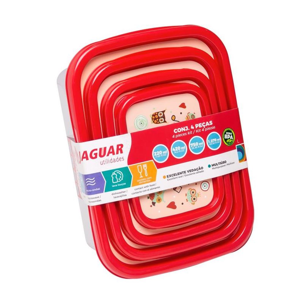 Jogo Potes Plástico com 4 peças Retangular Decoração Frutas Jaguar