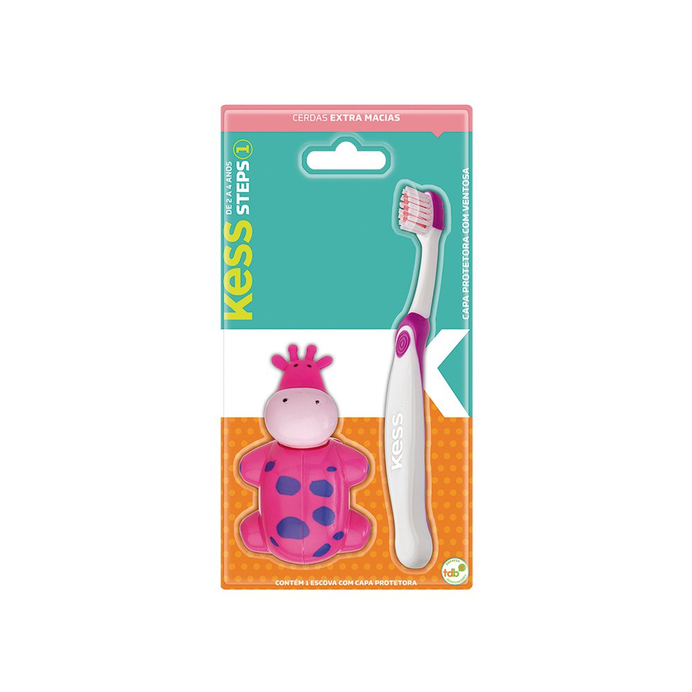 Escova de Dentes Kess Steps Infantil Extra Macia Com Capa Bichinho
