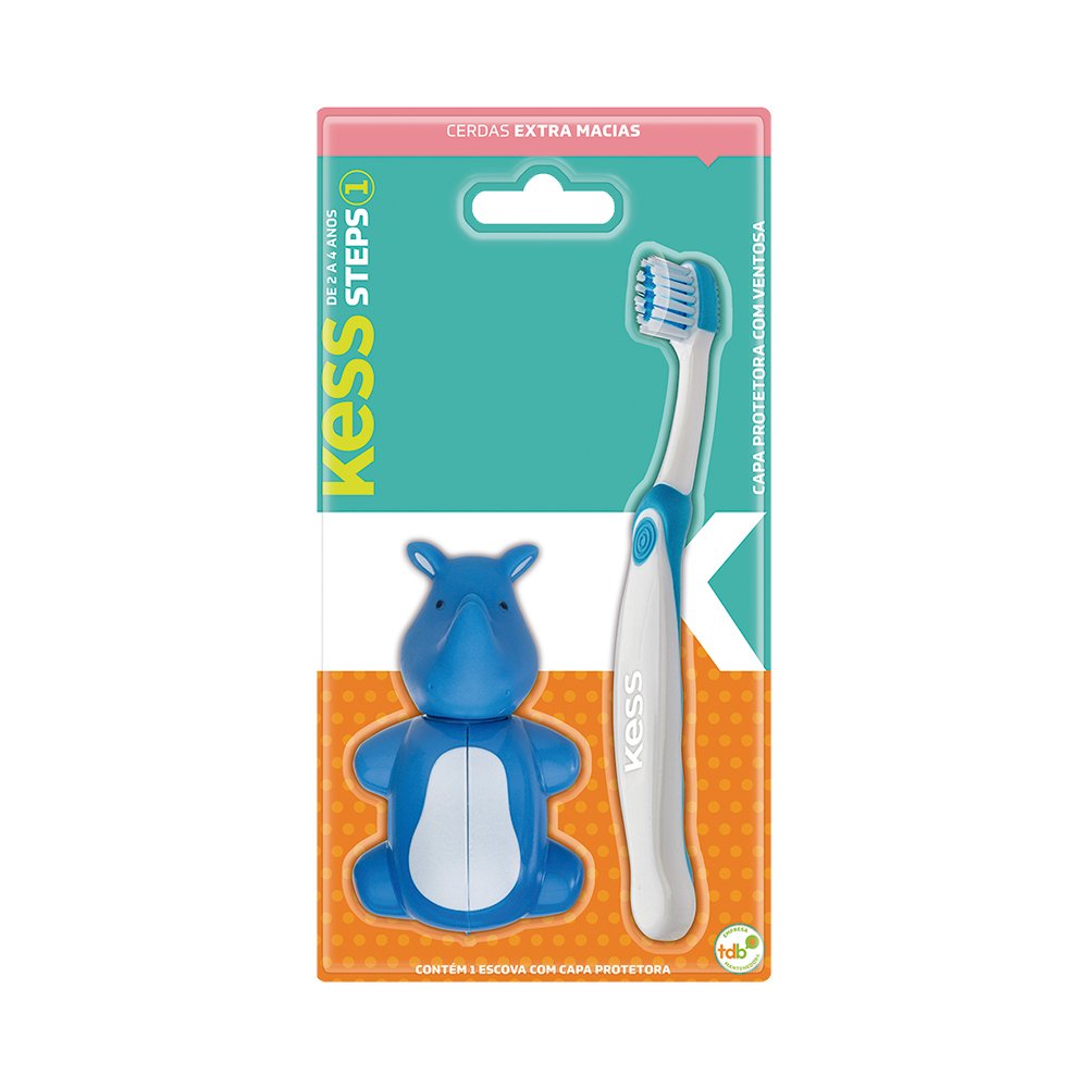Escova de Dentes Kess Steps Infantil Extra Macia Com Capa Bichinho