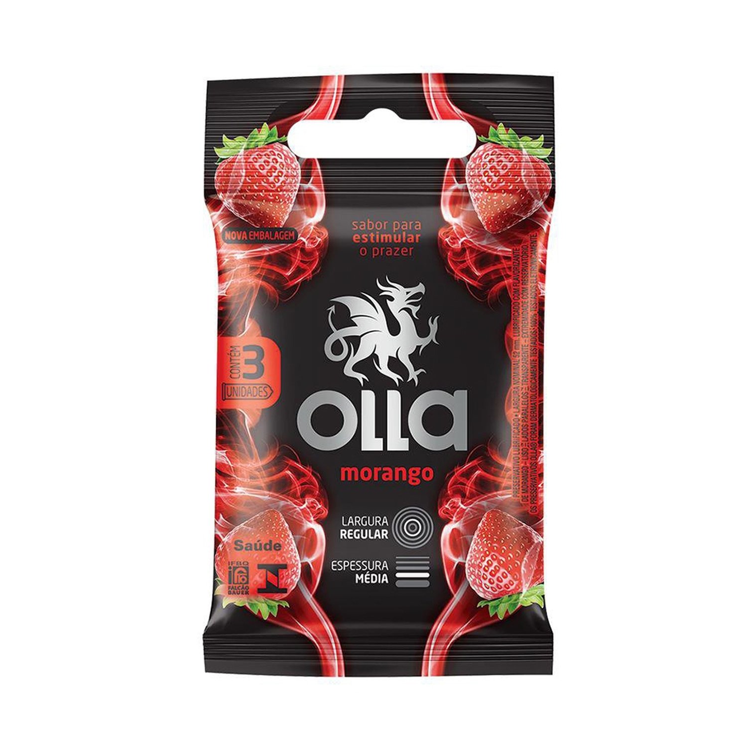 Preservativo Olla Lubrificado de Morango - Embalagem com 3 Unidades