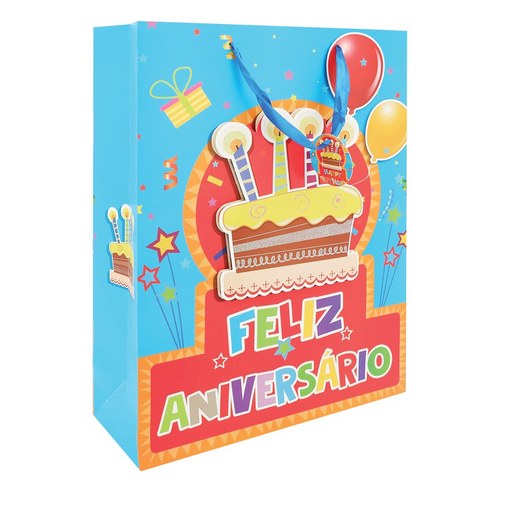 Sacola Papel Para Presente 30x42x12cm Holografica Birthday 3D