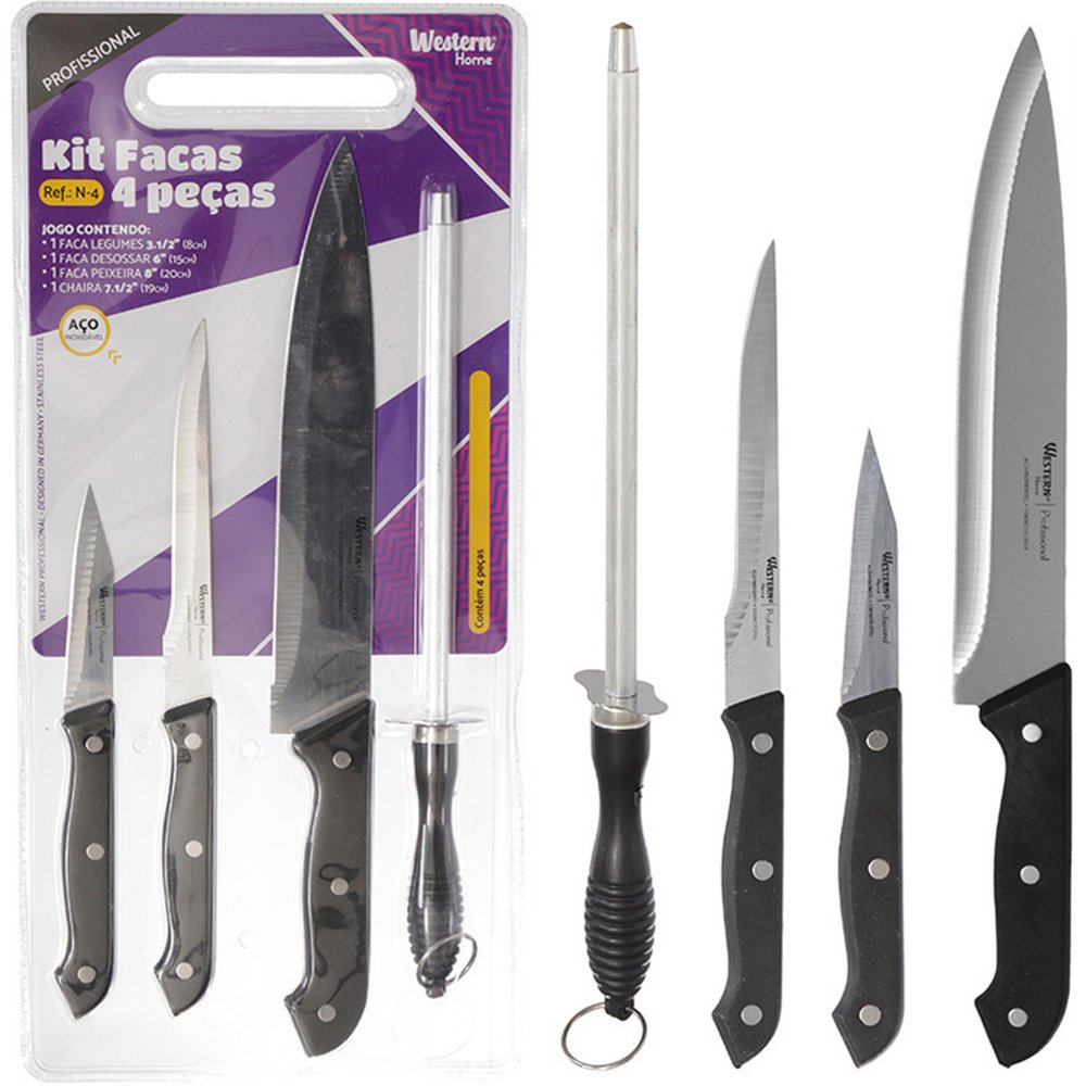 Faca Cozinha Conjunto Cabo Preto 4 Peças Western