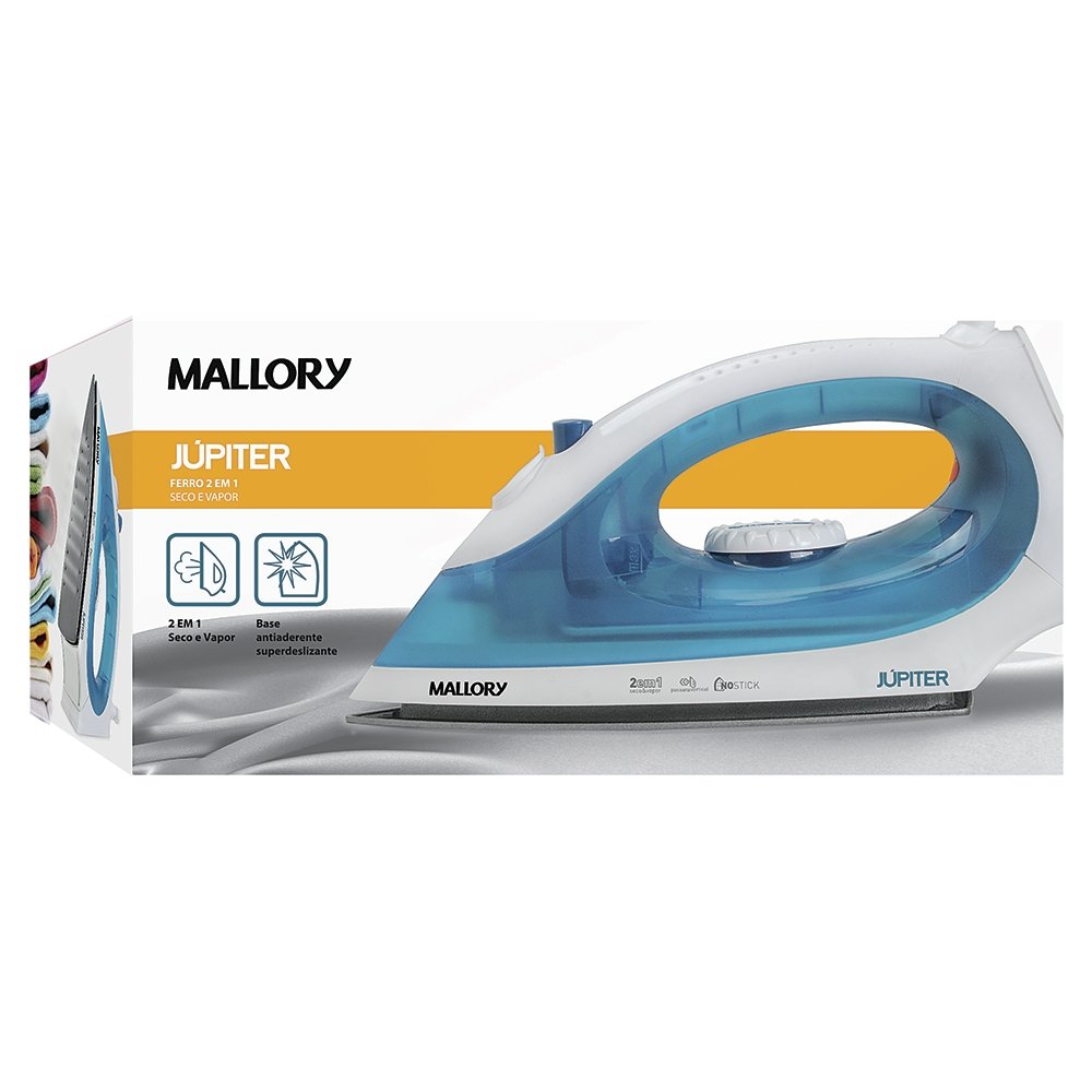 Ferro de Passar a Vapor Mallory Júpiter - com Base Antiaderente, Azul, 110V