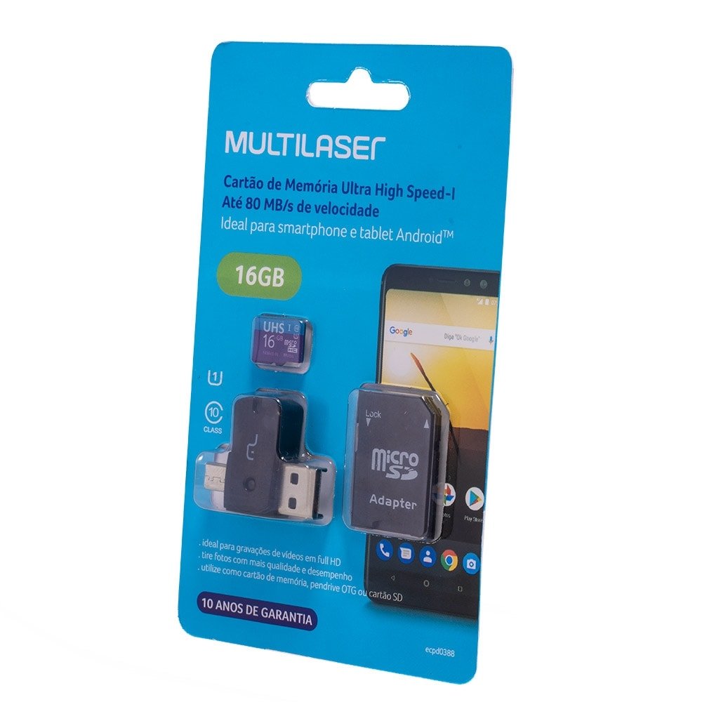 Kit Multilaser MC150 4 em 1: Cartão De Memória Ultra High SpeedI + Adaptador USB Dual Drive + Adaptador SD 16GB até 80 Mb/S