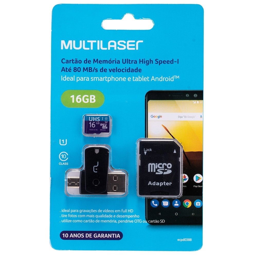 Kit Multilaser MC150 4 em 1: Cartão De Memória Ultra High SpeedI + Adaptador USB Dual Drive + Adaptador SD 16GB até 80 Mb/S
