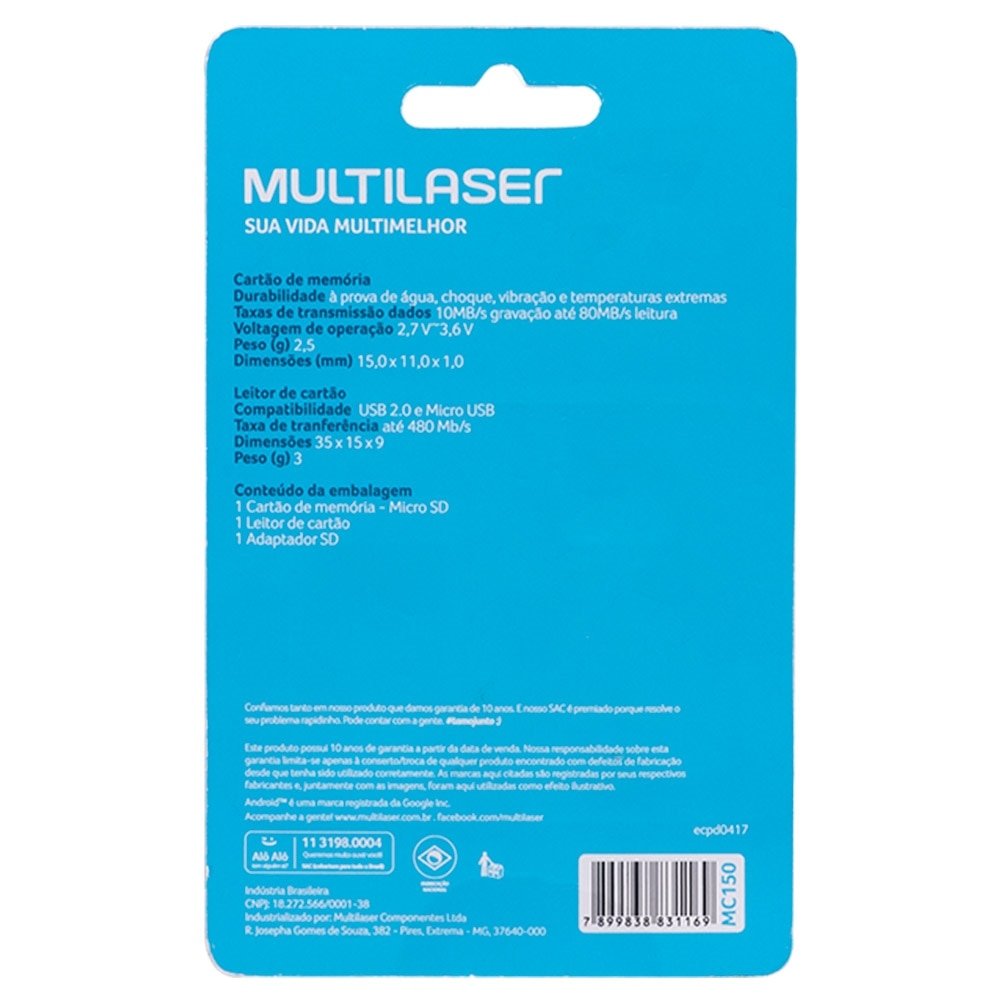 Kit Multilaser MC150 4 em 1: Cartão De Memória Ultra High SpeedI + Adaptador USB Dual Drive + Adaptador SD 16GB até 80 Mb/S