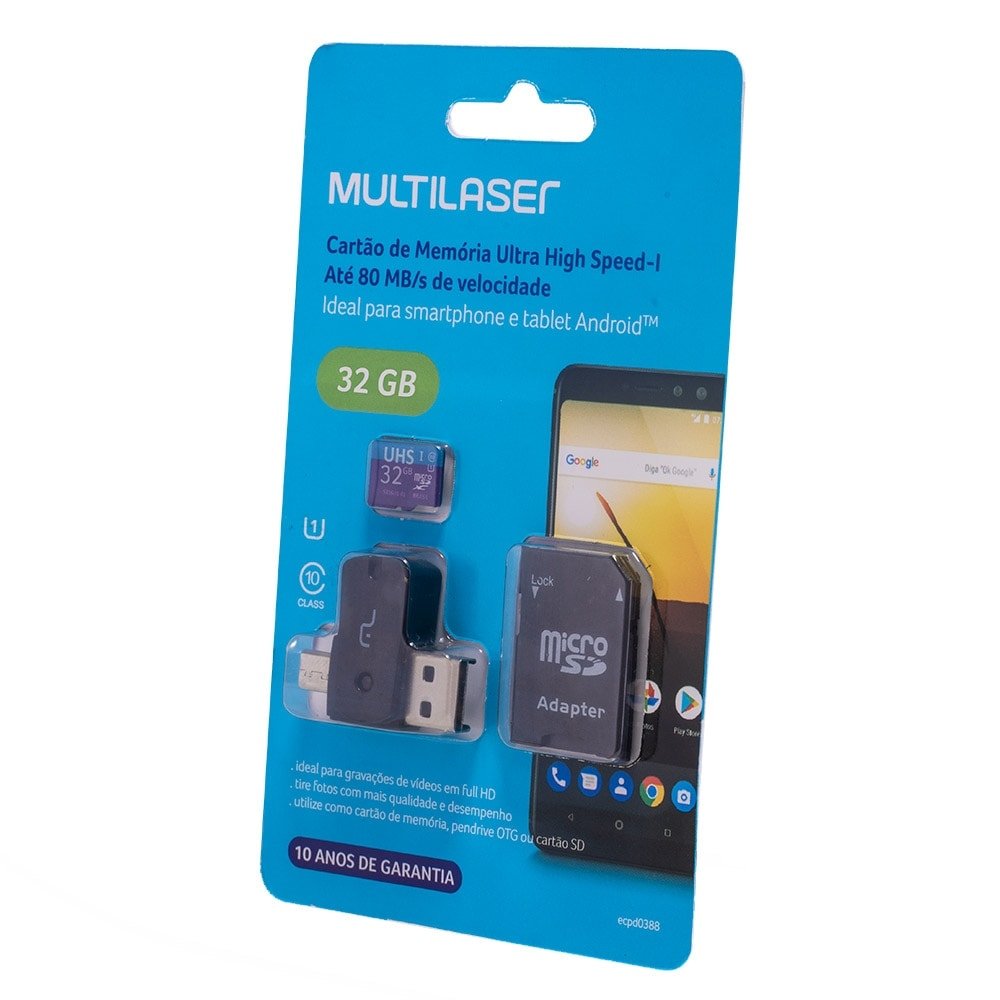 Kit Multilaser MC151 4 em 1: Cartão De Memória Ultra High SpeedI + Adaptador USB Dual Drive + Adaptador SD 32GB até 80 Mb/S