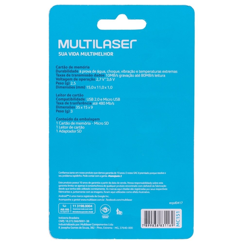 Kit Multilaser MC151 4 em 1: Cartão De Memória Ultra High SpeedI + Adaptador USB Dual Drive + Adaptador SD 32GB até 80 Mb/S