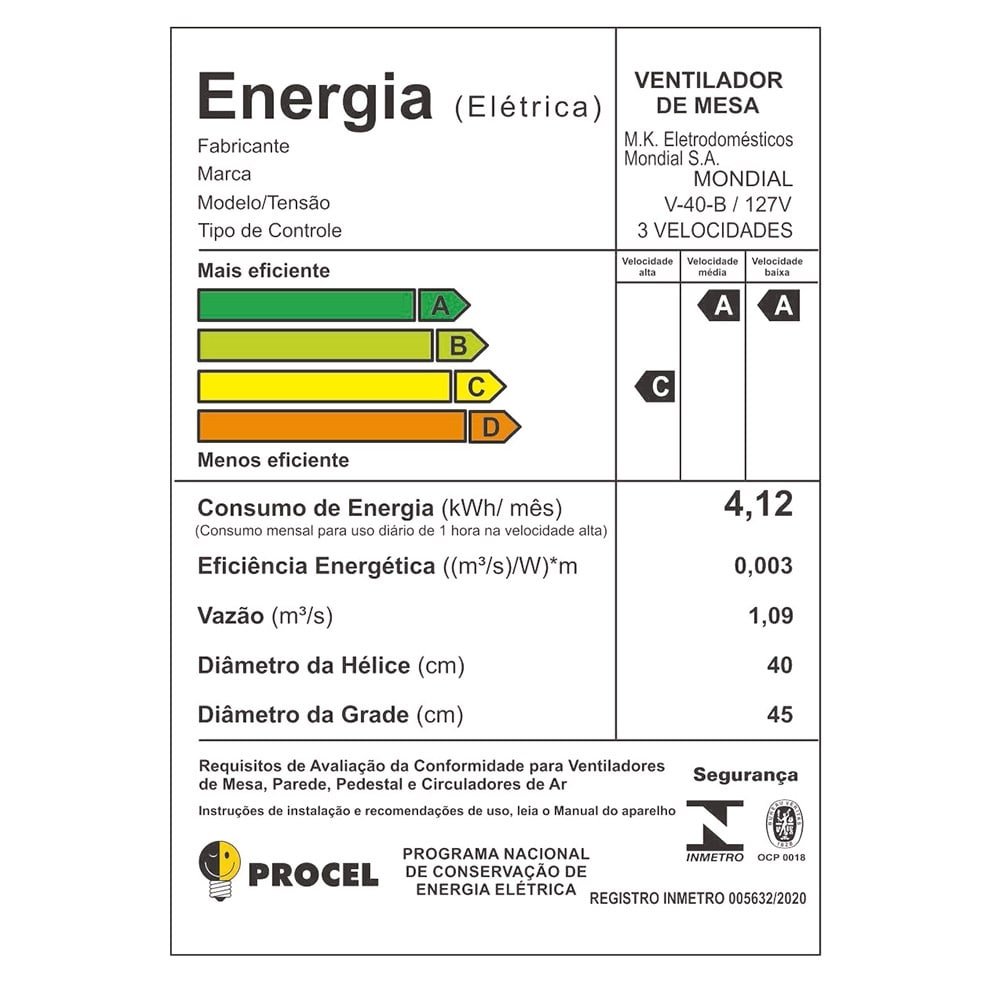 Ventilador de Mesa Mondial Maxi Power V-40, 40 cm, 3 Velocidades, Preto 110V