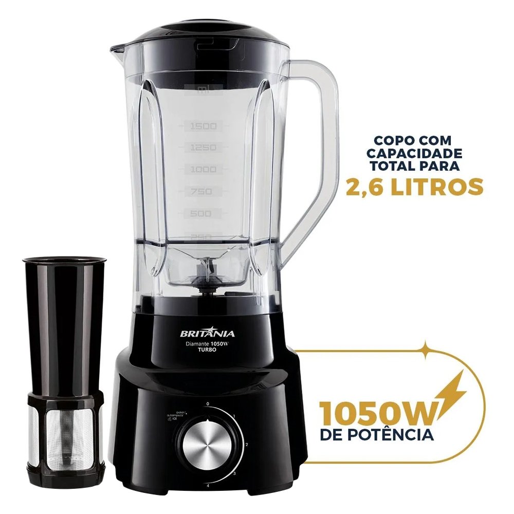 Liquidificador Britânia Diamante com Filtro - 4 Velocidades + Pulsar, 1050W, Preto, 110V