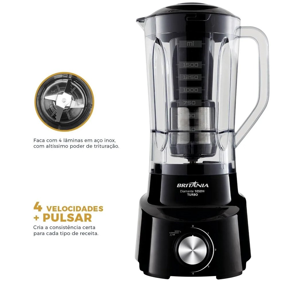 Liquidificador Britânia Diamante com Filtro - 4 Velocidades + Pulsar, 1050W, Preto, 110V