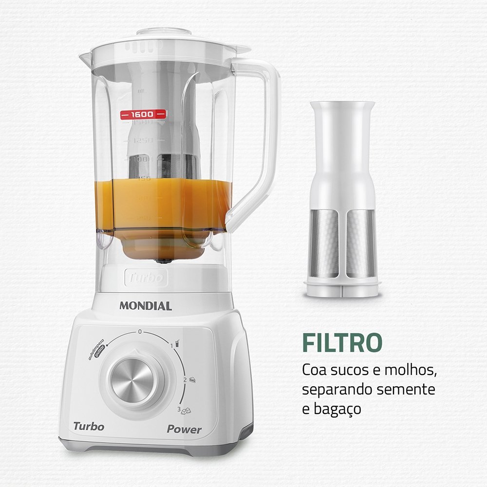 Liquidificador Mondial L-99 com Filtro - Copo Cristal, 3 Velocidades + Pulsar, 500W, Branco, 110V
