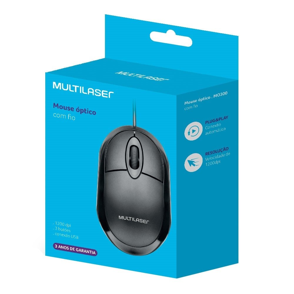 Mouse Óptico Multilaser MO300, Com Fio, 1200 DPI, USB, Preto