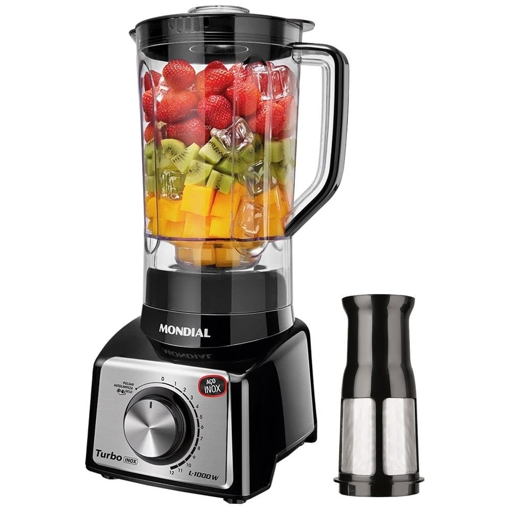 Liquidificador Mondial L-1000BI Turbo, com Filtro, Copo de Plástico, 12 velocidades + Pulsar, 1000W, Preto/Inox, 110V