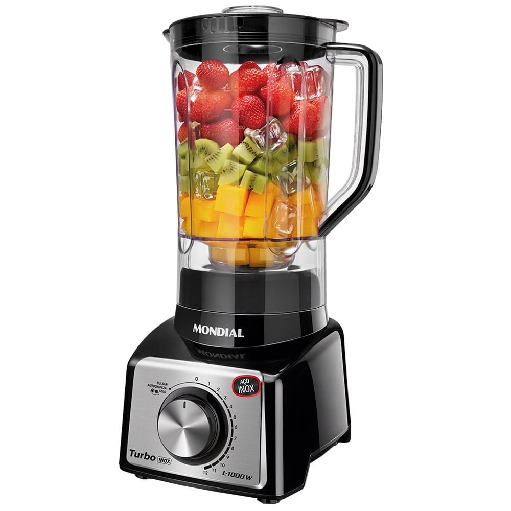 Liquidificador Mondial L-1000BI Turbo, com Filtro, Copo de Plástico, 12 velocidades + Pulsar, 1000W, Preto/Inox, 110V