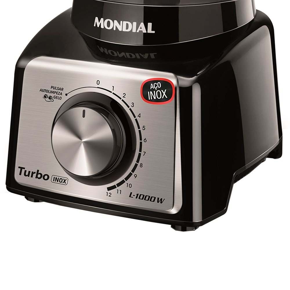 Liquidificador Mondial L-1000BI Turbo, com Filtro, Copo de Plástico, 12 velocidades + Pulsar, 1000W, Preto/Inox, 110V