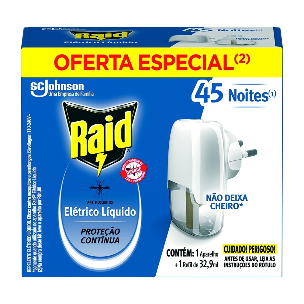 Repelente Elétrico Raid 45 Noites Aparelho + Refil Líquido 32,9ml Oferta Especial