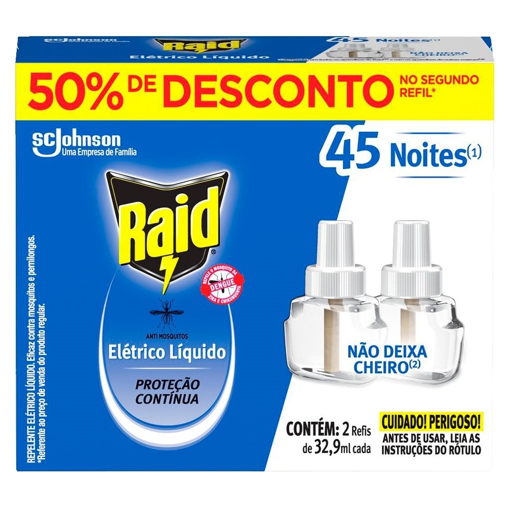 Inseticida Elétrico Raid Protector 45 Noites Refil Líquido 32,9ml - Embalagem com 2 Unidades