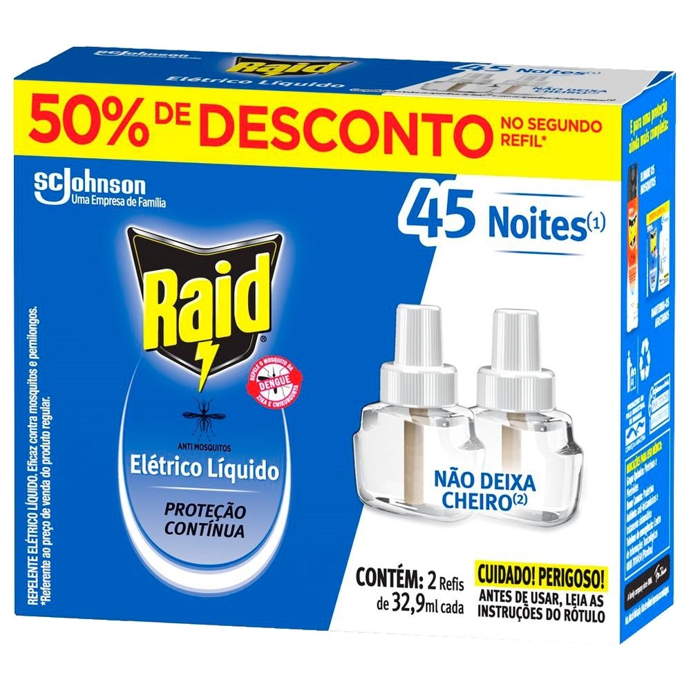 Inseticida Elétrico Raid Protector 45 Noites Refil Líquido 32,9ml - Embalagem com 2 Unidades