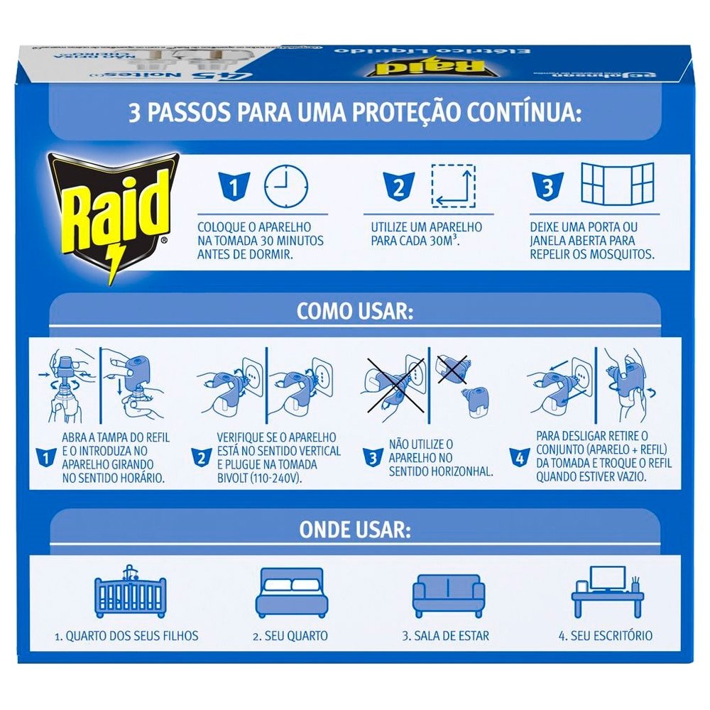 Inseticida Elétrico Raid Protector 45 Noites Refil Líquido 32,9ml - Embalagem com 2 Unidades