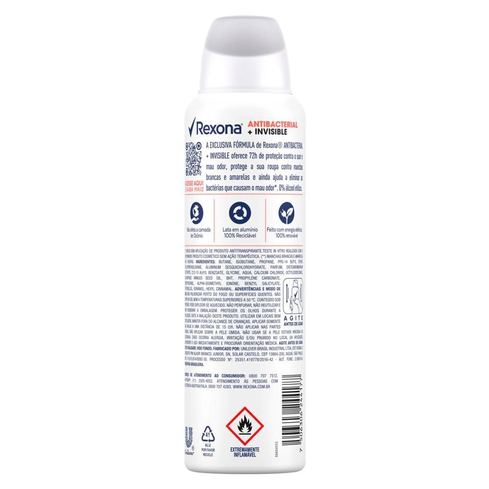 Desodorante Rexona Aerossol Women Antibacterial Invisible 150ml