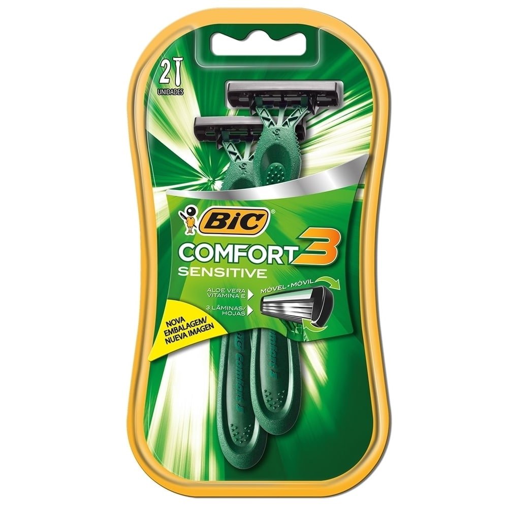 Aparelho Bic Comfort 3 Cabeça Móvel Pele Sensível - 12 Embalagens com 2 Unidades