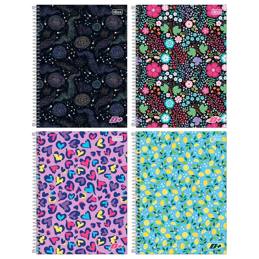 Caderno Espiral Universitário Capa Dura Tilibra Mais+ Feminino 10 Matérias 200 Folhas - Embalagem com 4 Unidades (Sortidos)