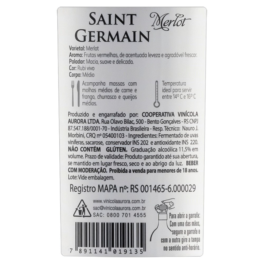 Vinho Saint Germain Merlot Tinto Demi Meio Seco 750ml