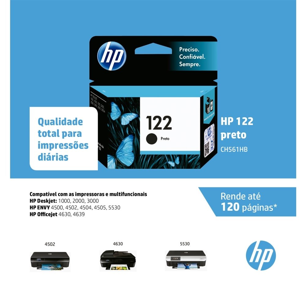 Cartucho Original HP 122 CH561HB Preto para Impressoras HP Deskjet 1000, 2000, 3000
