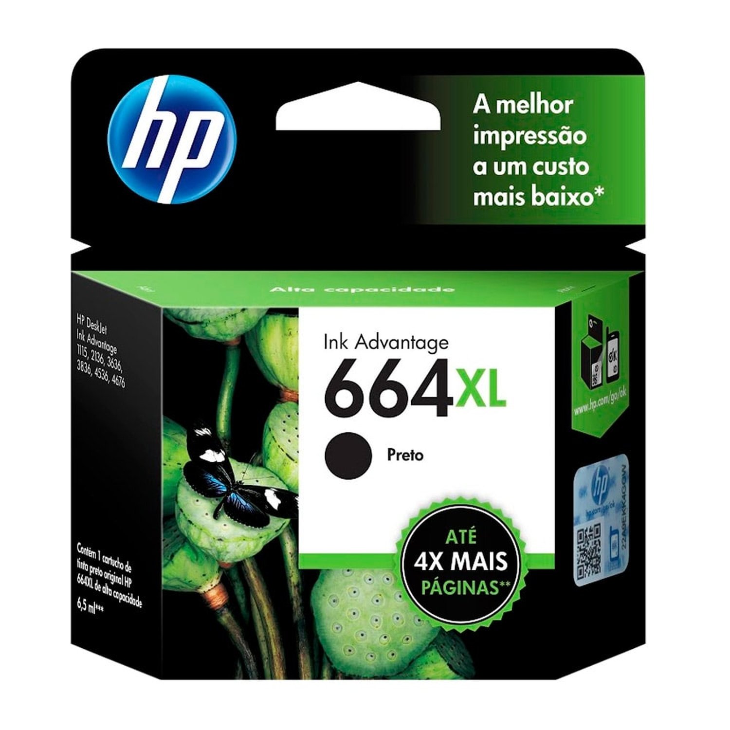 Cartucho Original HP 664XL F6V31AB Preto para Impressoras 1115, 2136