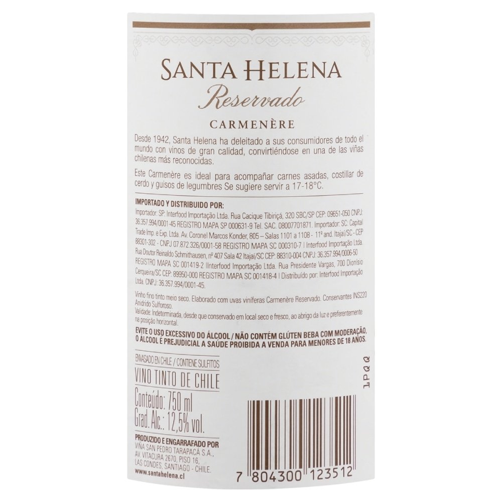 Vinho Tinto Chileno Carménère Santa Helena Reservado 750 ml