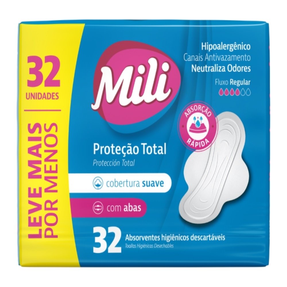 Absorvente Mili Protetor Total Suave com Abas - Embalagem com 32 Unidades