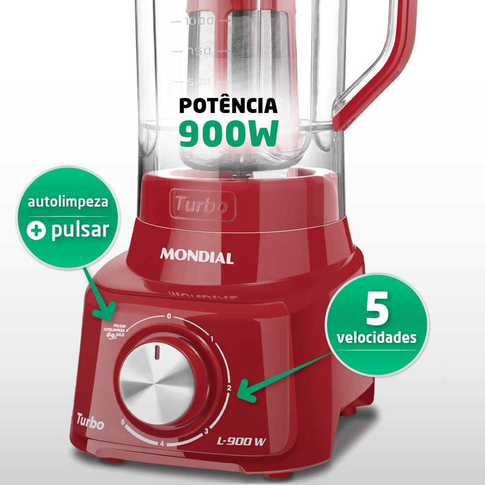 Liquidificador Mondial L-900 Turbo com Filtro - Copo de Acrílico, 5 Velocidades + Pulsar, 900W, Vermelho, 110V