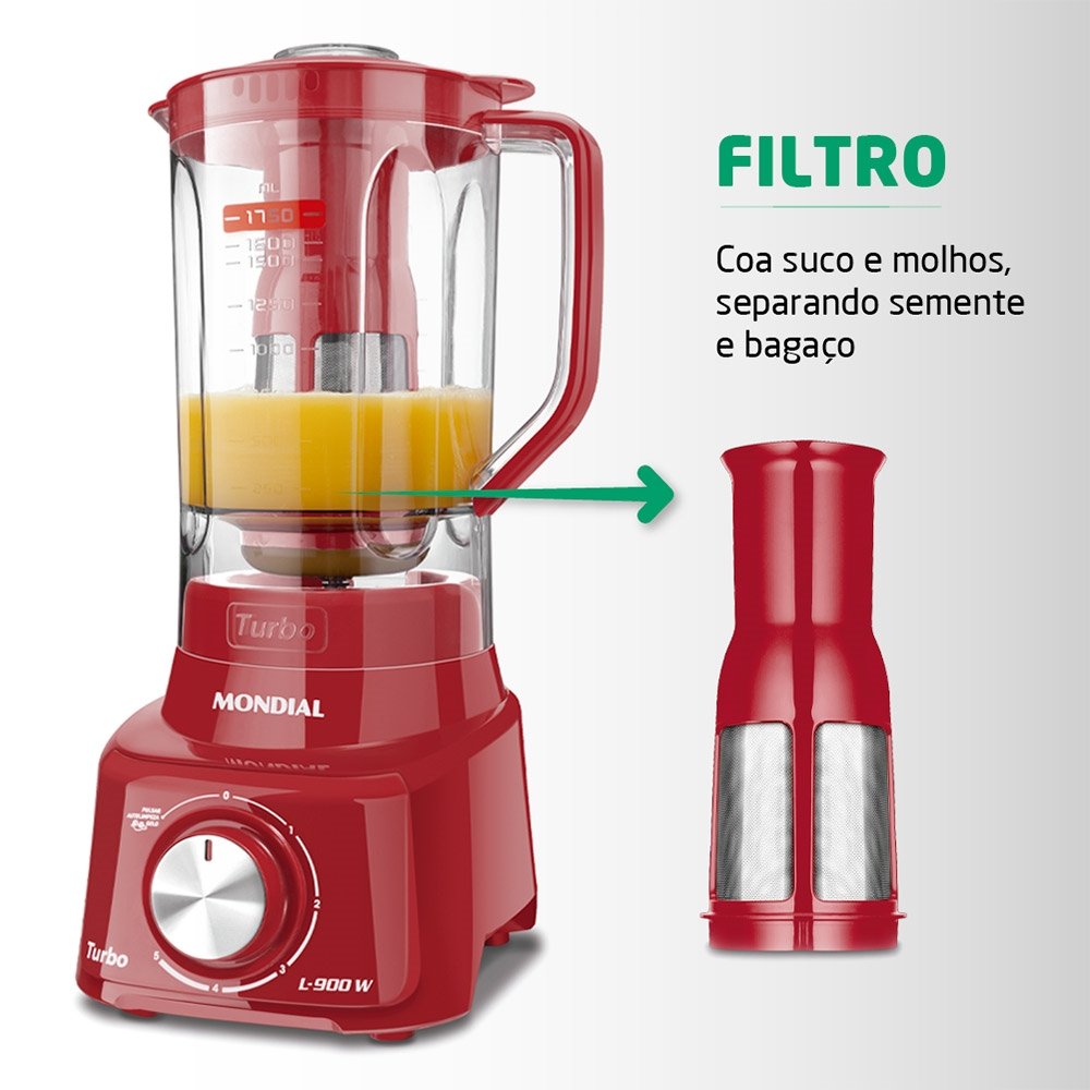 Liquidificador Mondial L-900 Turbo com Filtro - Copo de Acrílico, 5 Velocidades + Pulsar, 900W, Vermelho, 110V