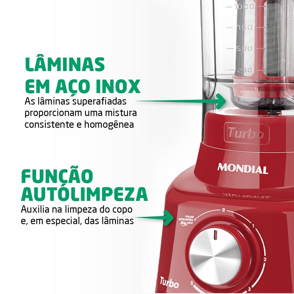 Liquidificador Mondial L-900 Turbo com Filtro - Copo de Acrílico, 5 Velocidades + Pulsar, 900W, Vermelho, 110V
