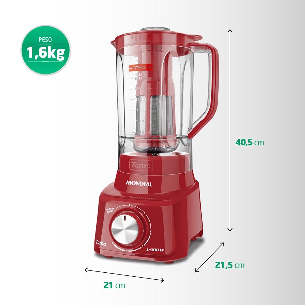 Liquidificador Mondial L-900 Turbo com Filtro - Copo de Acrílico, 5 Velocidades + Pulsar, 900W, Vermelho, 110V