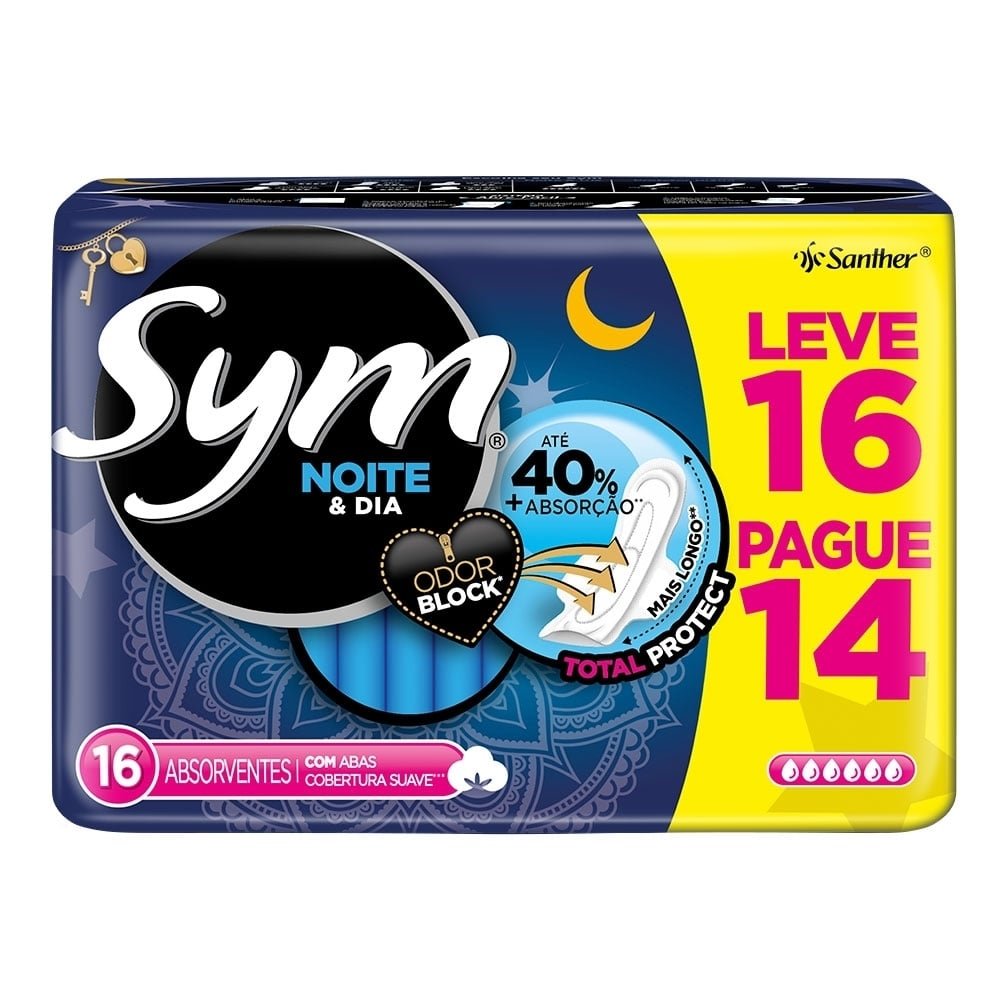 Absorvente Sym Noite e Dia Cobertura Suave com Abas Embalagem com 16 Unidades