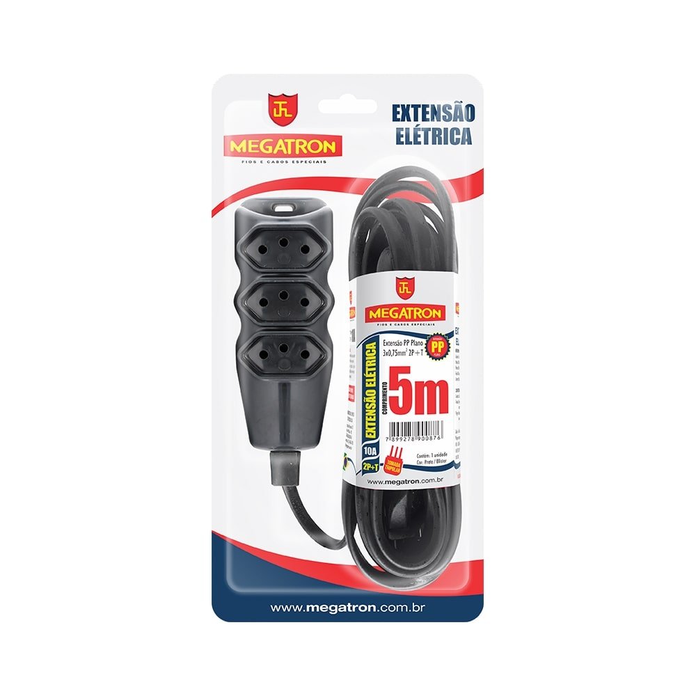 Extensão Megatron Cabo PP 2P + T 3 x 0,75mm 5m Preta 3 Tomadas
